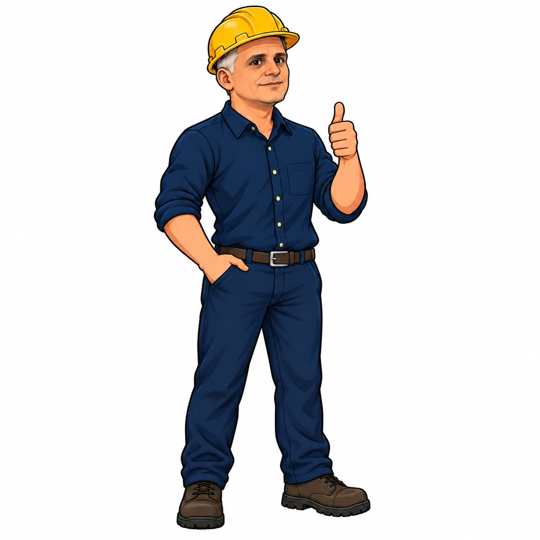 Personagem da Reformar usando capacete amarelo e uniforme azul, fazendo sinal de positivo